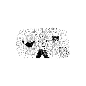 May include: A monochrome illustration of three female figures in matching outfits, with a tiger cub. The word "HUNTR/X" is above the figures, surrounded by hearts, stars, musical notes, and clouds.