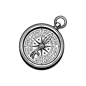 Può includere: Un'illustrazione in bianco e nero di una bussola circolare con un design a stella centrale, una penna d'oca e un artiglio di uccello. Il quadrante è circondato da un anello di caratteri stilizzati illeggibili e piccole stelle, con un anello.