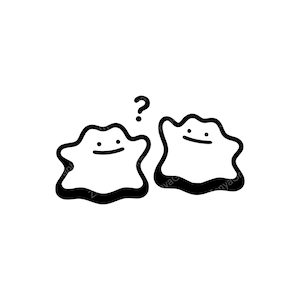 May include: Black and white cartoon illustration featuring two blob-like figures with smiling faces. A question mark floats above one of the figures. The figures have a simple, minimalist design, set against a white background.