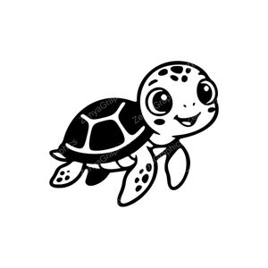 May include: A black and white cartoon illustration of a smiling sea turtle. The turtle has large, expressive eyes and a shell with a geometric pattern. The design is simple and friendly, suitable for various applications.