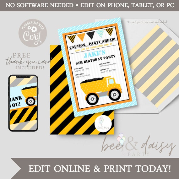 Construction Instant Download Birthday Party Invitation, Printable Kids Birthday Party Invitation, Editable Boys Truck Birthday Party Invite Il_570xn
