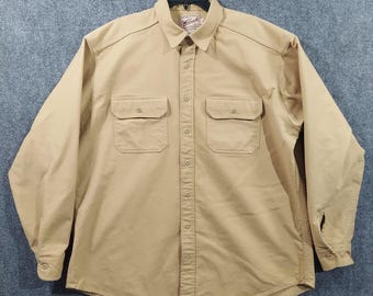 Vintage Woolrich Shirt Mens XL Beige Canvas Long Sleeve Outdoor Workwear USA