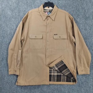 Vintage Chaps Ralph Lauren Jacket Mens L Beige Canvas Plaid Lined Shacket USA