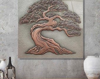 Copper Look Bonsai Tree Tempered Glass Wall Art