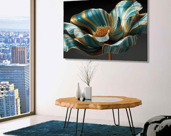 Teal and Gold Flower Tempered Glass Wall Art: Modern Abstract Panel