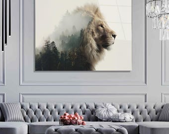 Lion and Forest Tempered Glass Wall Art: Majestic Wildlife Decor