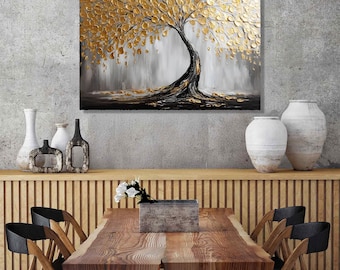Golden Tree Tempered Glass Wall Art: Abstract Metallic Decor
