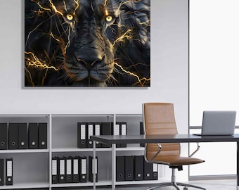 May include: A canvas print featuring a close-up of a black lion's face with yellow eyes and golden lightning bolt effects. The artwork is displayed in an office setting, above a white shelf with black binders and a desk with a laptop.