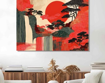 Japanese Landscape Tempered Glass Wall Art, Peaceful Nature