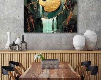 Golden Moon Waterfall Tempered Glass Wall Art: Fantasy Landscape