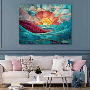 Tempered Glass Wall Art, Stained Sunset in Ocean Wall Panel, Glass Wall Art for Living Room or Beach House, Coastal Wave Glass Wall Art