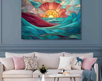 Tempered Glass Wall Art, Stained Sunset Ocean Wave Panel