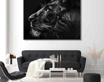 Tempered Glass Lion Wall Art, Noir Animal Accent