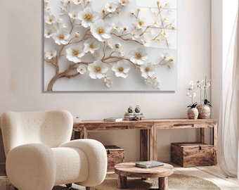 White Blossom Glass Wall Art: Modern Floral Tempered Glass Panel