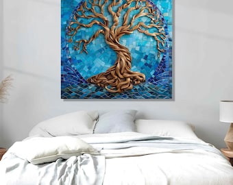 Tree of Life Tempered Glass Wall Art, Bronze and Blue Mosaic