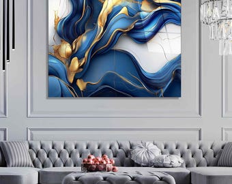 Abstract Tempered Glass Wall Art: Blue & Gold Fluid Design