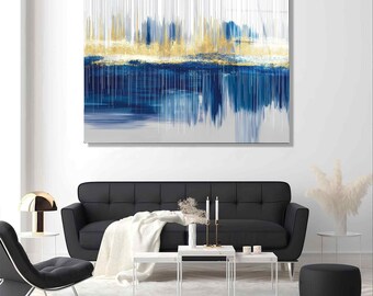 Abstract Ocean Tempered Glass Wall Art: Navy, Cobalt & Gold
