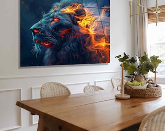 Lion on Fire Tempered Glass Wall Art: Bold Animal Decor