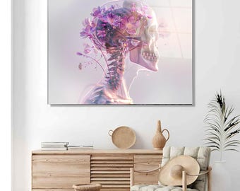 Floral Skull Tempered Glass Wall Art, Modern Surreal Decor
