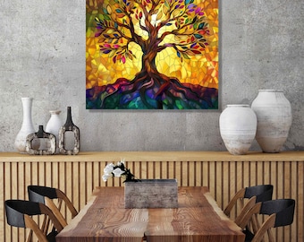 Stained Glass Style Tree of Life Tempered Glass Wall Art