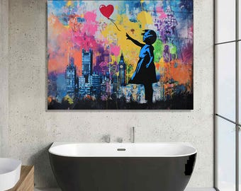 Girl with Balloon Tempered Glass Wall Art, Urban Graffiti Decor