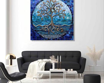 Mosaic Tree of Life Tempered Glass Wall Art, Modern Home Decor