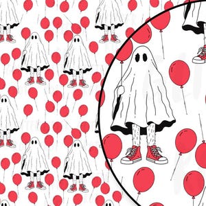 Peut inclure: Motif sans couture avec des fantômes blancs tenant des ballons rouges sur fond blanc. Les fantômes portent des baskets rouges. Le texte "SHEET HAPPENS" et "seamless pattern" est inclus.