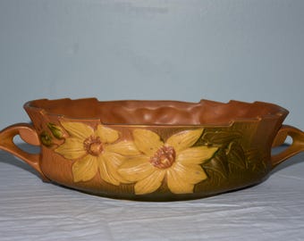 Vintage Roseville Pottery Clematis Console Bowl – Shape 458-10, Autumn Brown