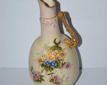 Antique Victorian Style Porcelain Floral Pitcher with Ornate Gold Handle, European Pottery, Shabby Chic Decor