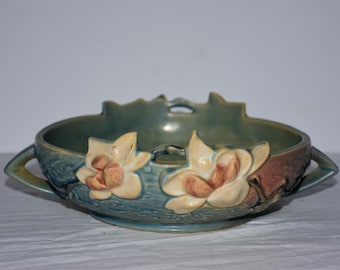 Roseville Pottery USA #448-8 Console Bowl In Magnolia Pattern With Stunning Vintage Pink And Blue Tones
