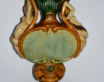 Antique Polychrome Ceramic Amphora Vase, Art Nouveau Style, Figural Handles, Majolica Glaze, European Decorative Pottery, Statement Piece