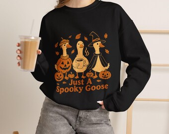 Just A Spooky Goose Sweatshirt | Halloween Goose, Pumpkin Trio, Witch Hat