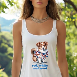 Patriotic Dog Tank Top, Unisex Jersey Tank with &#39;Red, White and Woof&#39;, Dog Lover Gift, Fourth of July Apparel, Summer Celebration Tee, [...]