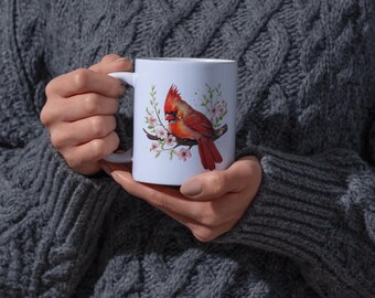 Cardinal Blossom Mug - Nature Lover Gift, Floral Coffee Cup, Spring Decor, Bird Design, Cozy Homeware