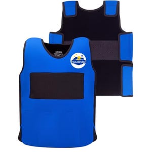May include: Two blue and black weighted vests. The vests have a blue exterior with black mesh panels and accents. One vest has a "FocusBridge" logo. The vests are designed to be worn for added weight during exercise or therapy.