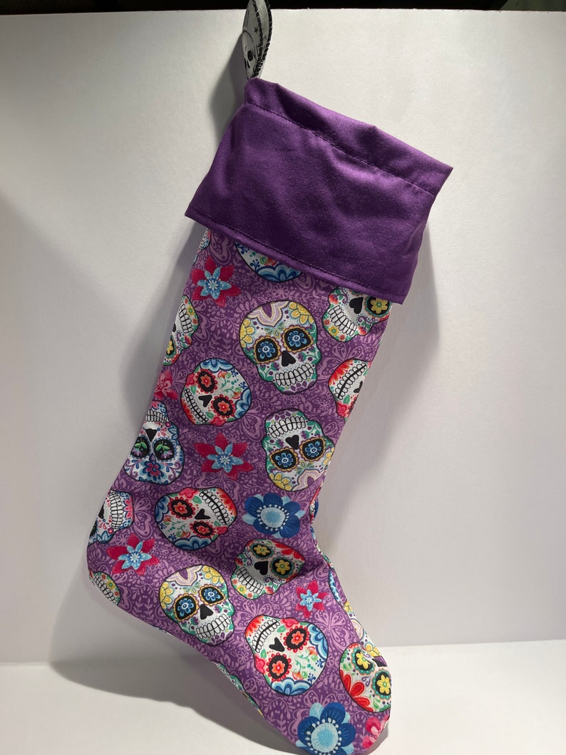 Sugar Skull Halloween or Christmas Stocking skulls flowers purple free shipping image 1