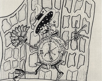 Limited edition Mechanical Clock Man  print. 8 x 10 on silver metallic paper, steampunk doodle free shipping