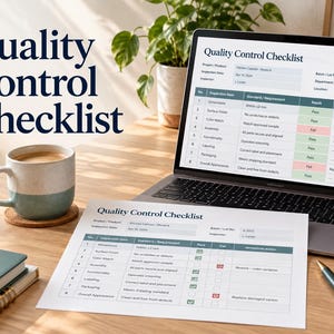 May include: A Quality Control Checklist document is displayed on a laptop screen and a printed sheet. The form includes columns for inspection items, standards, and pass or fail results. A coffee mug and a pen are placed on the desk.