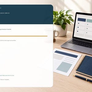 Może przedstawiać: Cyfrowy dokument szablonowy zatytułowany Client Project Handover Checklist z ciemnoniebieskim nagłówkiem, złotą poziomą linią oraz tekstem A practical file for a more organized workflow, Digital Editable Instant Access i Category Planner Templates.