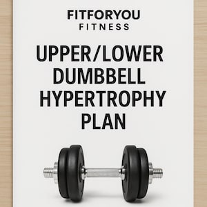 Peut inclure: Une feuille de papier blanche avec du texte noir qui dit "FitForYou Fitness Upper/Lower Dumbbell Hypertrophy Plan". Un haltère noir avec une connexion en métal argenté est centré sur la page.