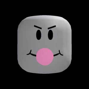 May include: A light gray, rounded square-shaped head character with two black oval eyes, angled black eyebrows, and a wide black line for a mouth. A solid pink circle is positioned in the center of the mouth, resembling a bubble of chewing gum.