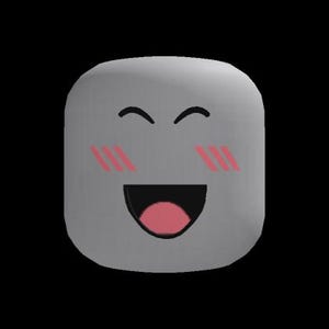 May include: A light gray, rounded square-shaped head icon featuring a wide, black, open-mouthed smile with a pink tongue. The face displays two curved black lines for closed eyes and three diagonal pink lines on each cheek to represent blushing.