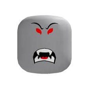 May include: A light gray plastic toy head with a printed facial expression featuring sharp black eyebrows, glowing red almond-shaped eyes, and a wide open mouth showing white fangs and a red tongue against a black background.