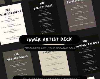 May include: An 'Inner Artist Deck' with 60+ cards for inner work and expression. The cards have black and white text with prompts for self-reflection. The deck is designed to reconnect with your creative soul.