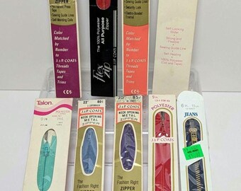 9 Bold Zippers J&P Coats Vintage Talon, Bold Colors, Original Packaging Brass - Metal Mid Century Graphics and Quality