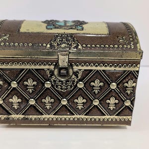 Vintage Florentine Treasure Box: Embossed Metal Fleur-de-Lis, Brass Accents