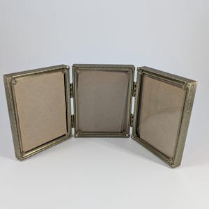 1930s Triple Picture Frame Gold Tone Hinged 3 Panel Art Deco Vanity Display Vintage