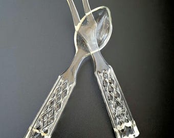 Sunburst Glass Salad Servers Sculpted Spoon Fork Clear Pressed Glass 1960s Mid Century Vintage