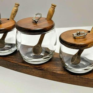 Glass Jar Trio w lids, and original turned spoons, solid display base - Serving Handcrafted by Vermont Wood Specialties of Granville, VT