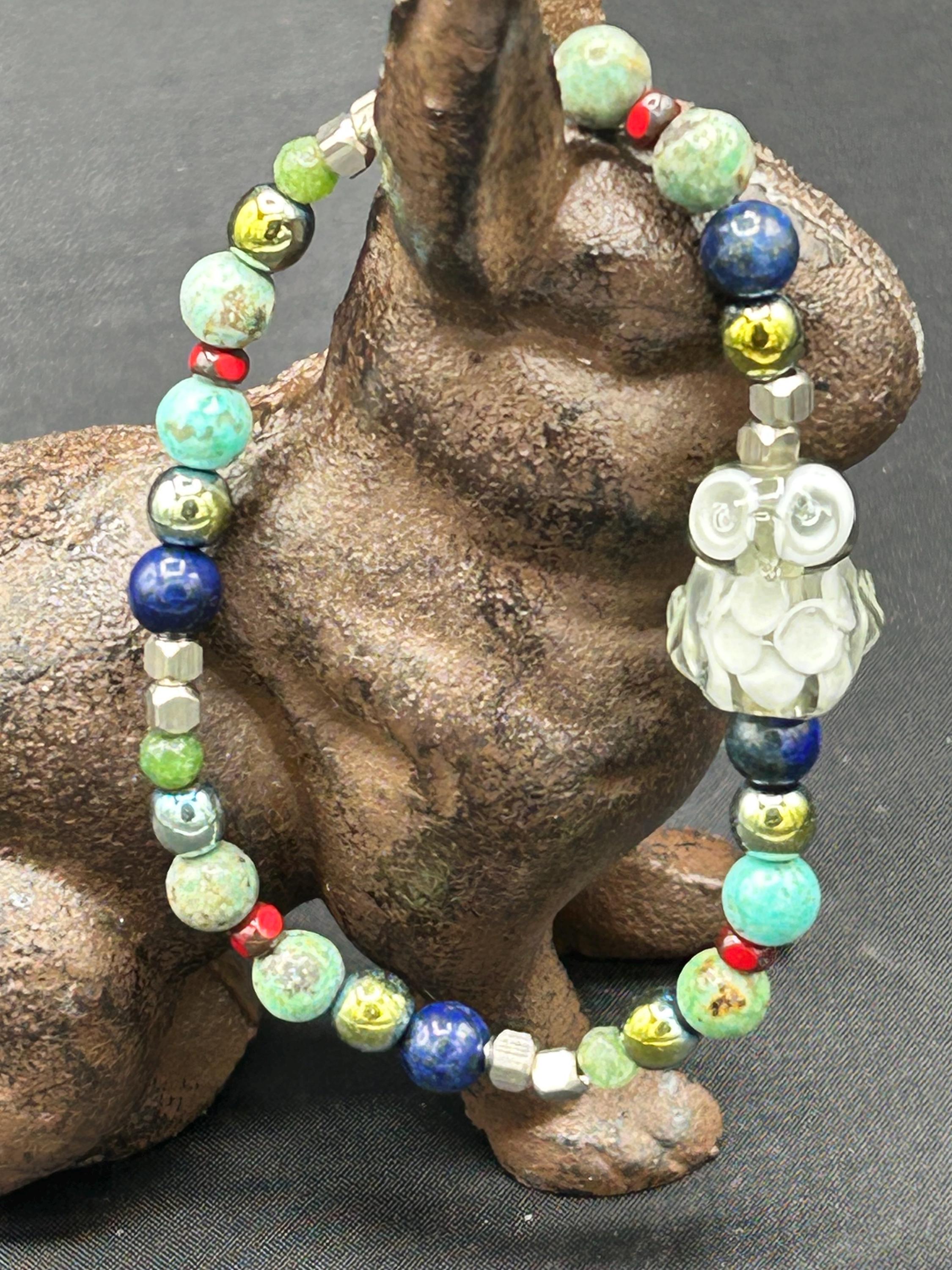 Lampwork Owl Stretch Bracelet: Turquoise, Lapis & Hematite Gemstone Beads